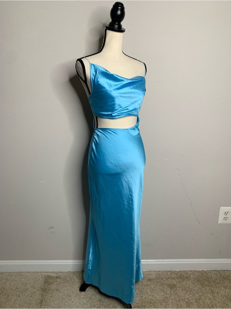 Nwt Jluxlabel Marine Light Blue Satin Cowl Neck Cutout Midi Maxi Dress — image 3 of 8